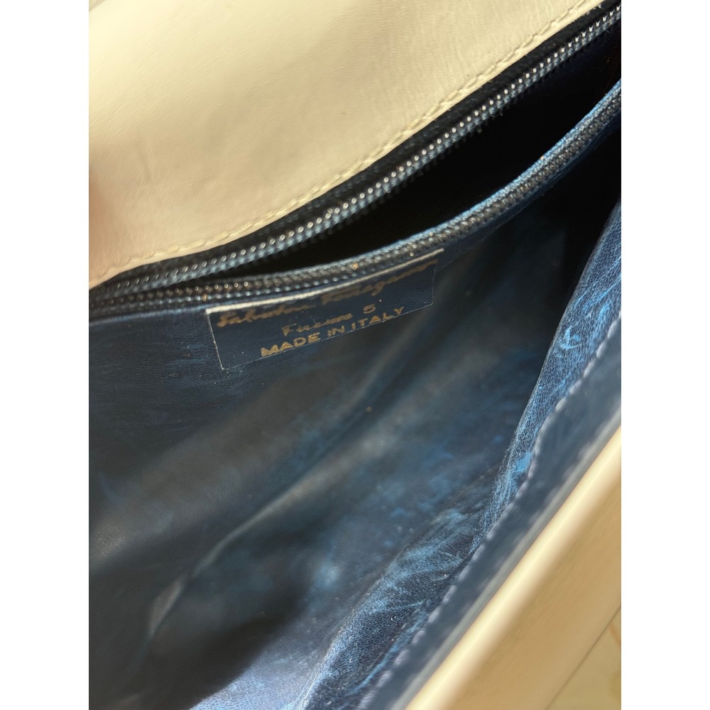Vintage Salvatore Ferragamo Shoulder Bag Medium Navy Blue Leather Gold Hardware - Picture 6 of 11